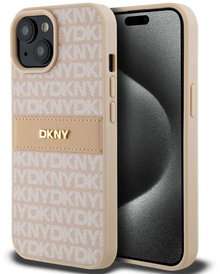 DKNY DKHCP15SPRTHSLP Apple iPhone 15 14 13 6.1 inch rožinės spalvos kietas dėklas Leather Mono Stripe & Metal Logo