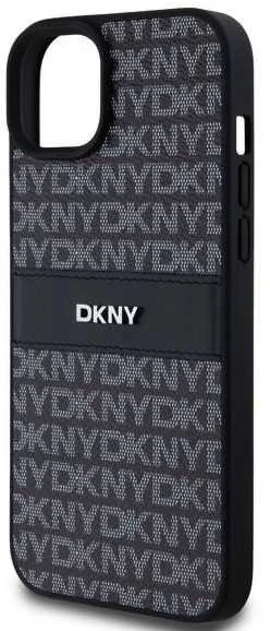 DKNY DKHCP15MPRTHSLK Apple iPhone 15 Plus 14 Plus 6.7″ juodos spalvos kietas dėklas Leather Mono Stripe & Metal Logo