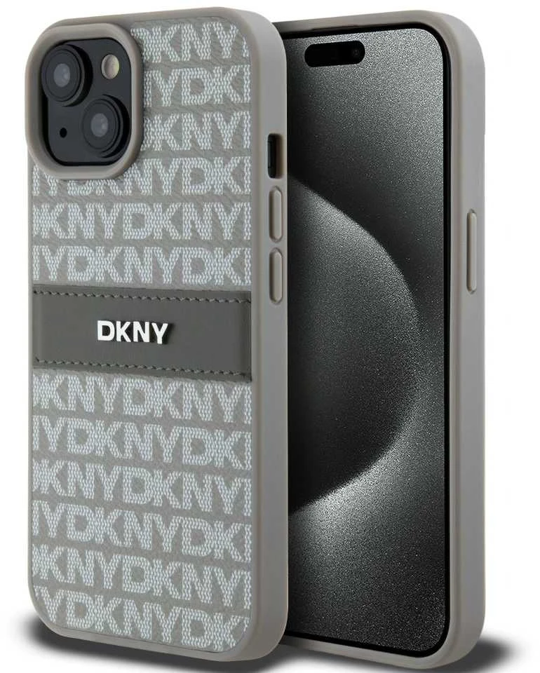 Apple iPhone 13 / 14 / 15 DKNY odinis dėklas Mono Stripe & Metal Logo (DKHCP15SPRTHSLE) beige