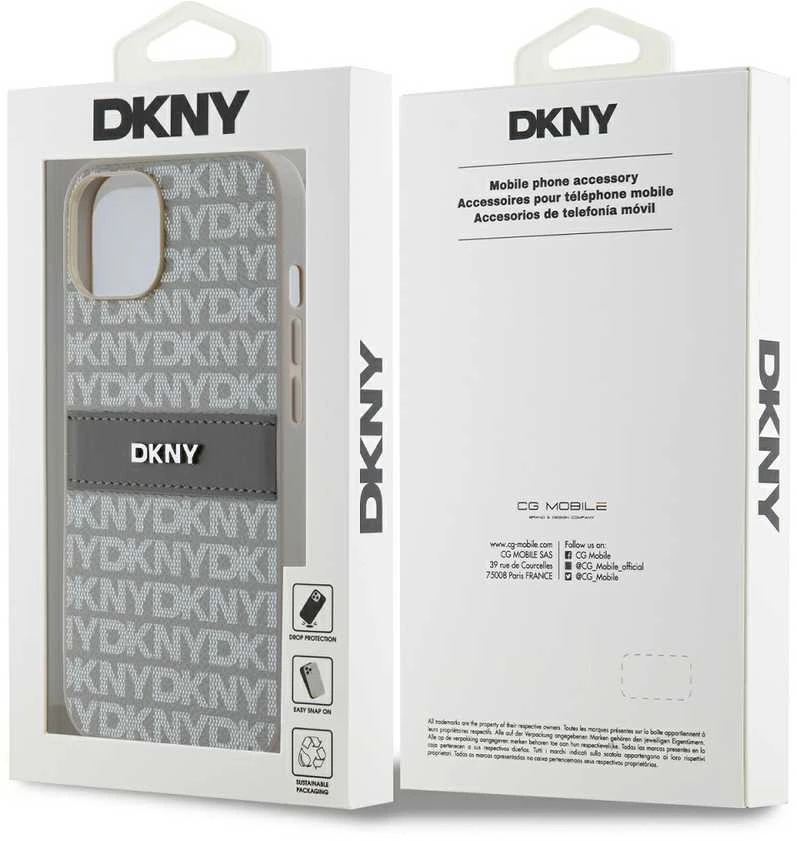 Apple iPhone 13 / 14 / 15 DKNY odinis dėklas Mono Stripe & Metal Logo (DKHCP14SPRTHSLE) beige
