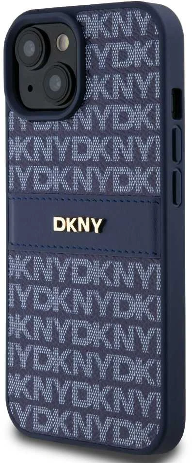 DKNY DKHCP15SPRTHSLB Apple iPhone 15 14 13 6.1 inch mėlynas kietas dėklas Leather Mono Stripe & Metal Logo