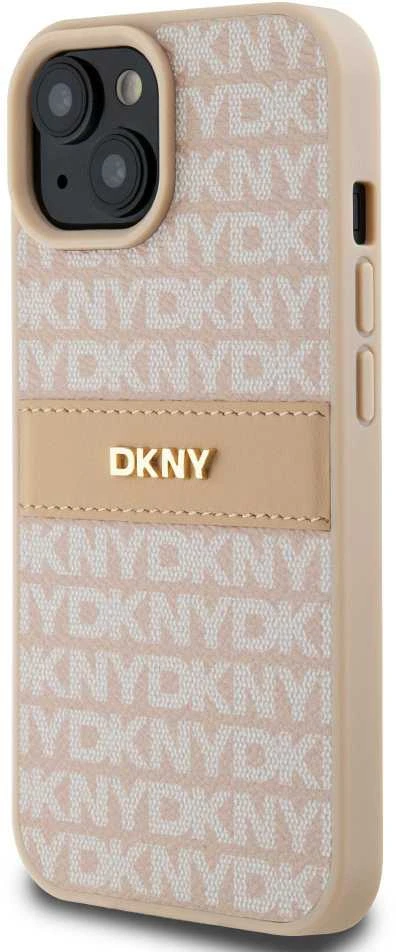 DKNY DKHCP15SPRTHSLP Apple iPhone 15 14 13 6.1 inch rožinės spalvos kietas dėklas Leather Mono Stripe & Metal Logo