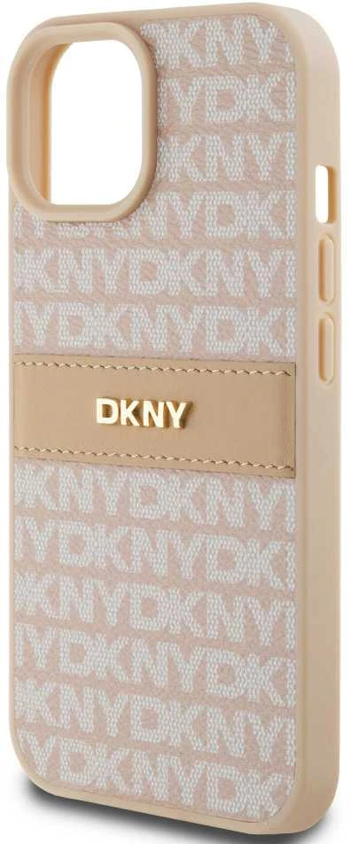 DKNY DKHCP15SPRTHSLP Apple iPhone 15 14 13 6.1 inch rožinės spalvos kietas dėklas Leather Mono Stripe & Metal Logo
