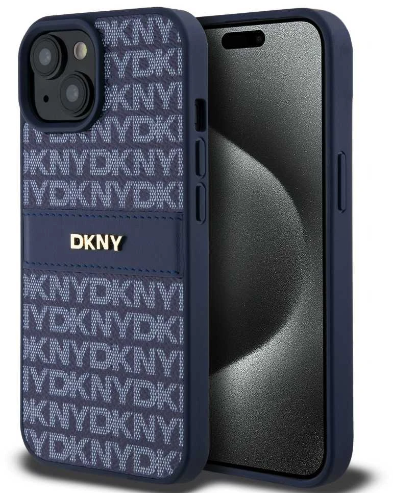DKNY DKHCP15SPRTHSLB Apple iPhone 15 14 13 6.1 inch mėlynas kietas dėklas Leather Mono Stripe & Metal Logo