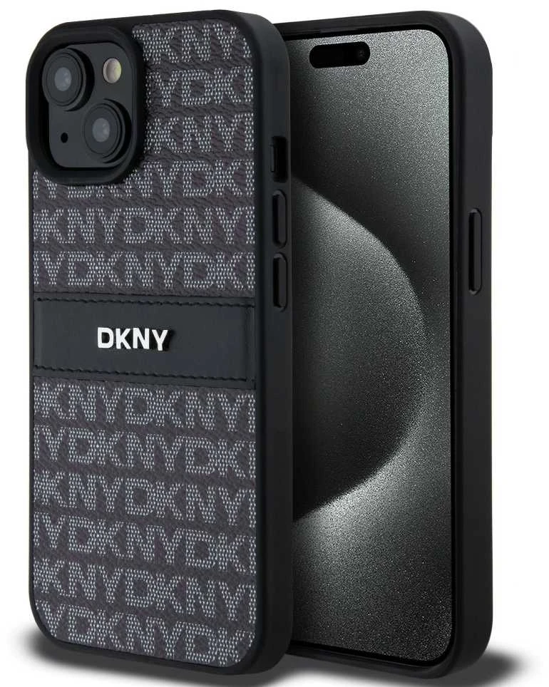 DKNY DKHCP15SPRTHSLK Apple iPhone 15 14 13 6.1″ juodos spalvos kietas dėklas Leather Mono Stripe & Metal Logo