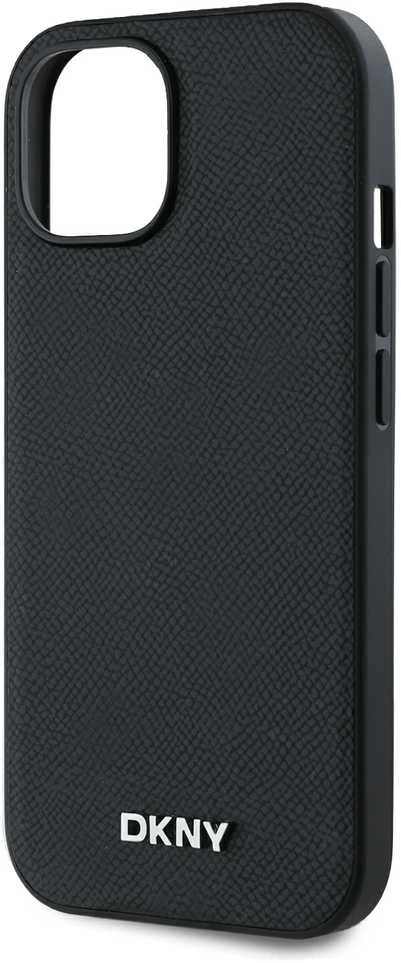 DKNY PU Leather Sidabrinis Metal Logo Magsafe dėklas telefonui Apple iPhone 14 juodos spalvos
