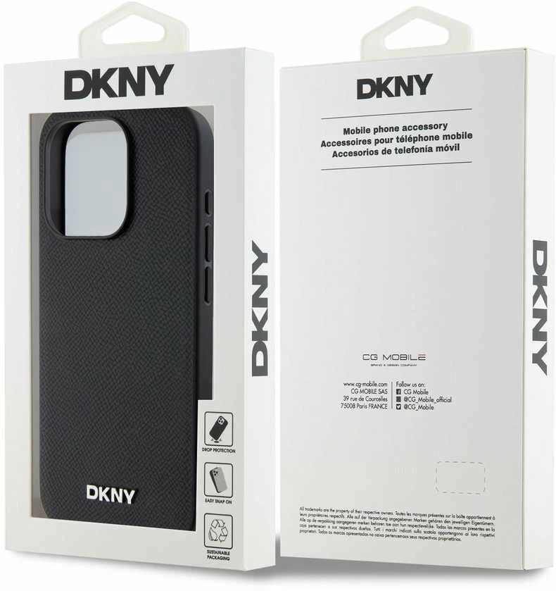 DKNY PU Leather Sidabrinis Metal Logo Magsafe dėklas telefonui Apple iPhone 15 Pro juodos spalvos