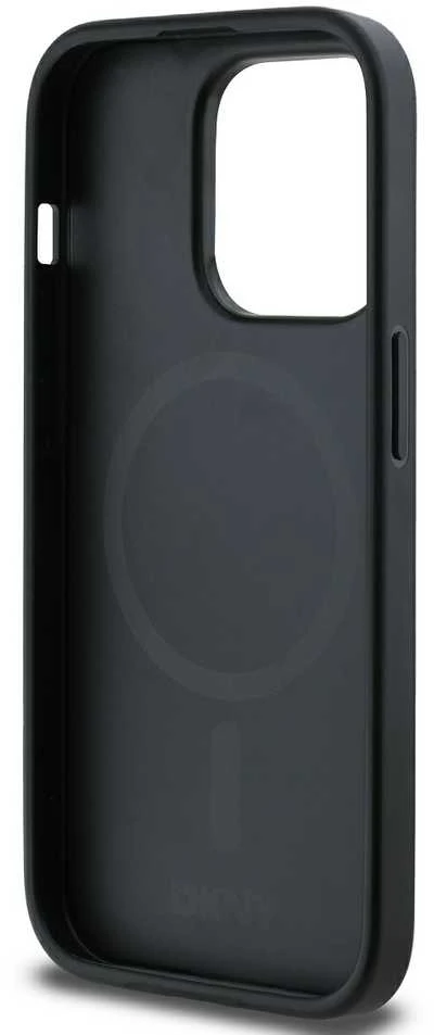 DKNY PU Leather Sidabrinis Metal Logo Magsafe dėklas telefonui Apple iPhone 14 Pro juodos spalvos