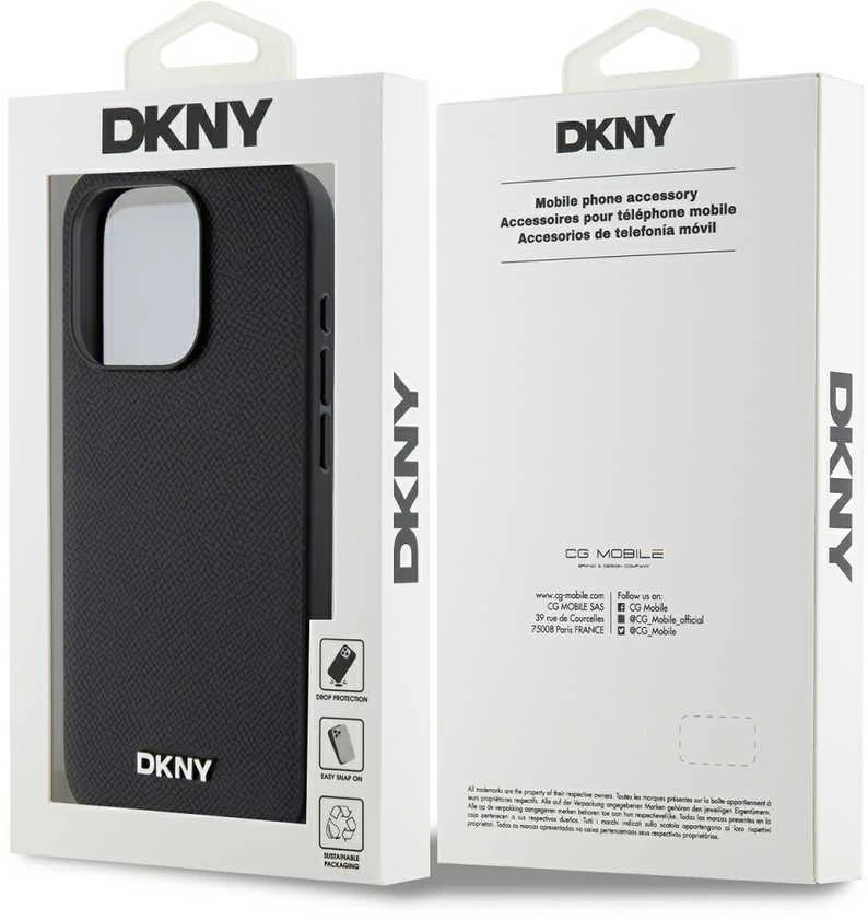 DKNY PU Leather Sidabrinis Metal Logo Magsafe dėklas telefonui Apple iPhone 15 Pro Max juodos spalvos