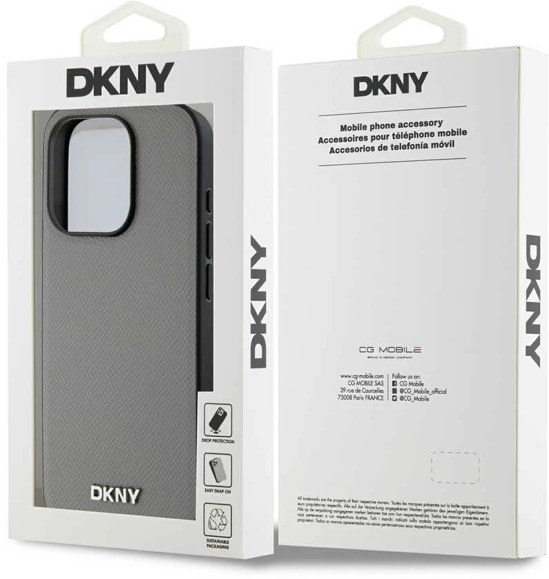DKNY PU Leather Sidabrinis Metal Logo Magsafe dėklas telefonui Apple iPhone 15 Pro pilkos spalvos