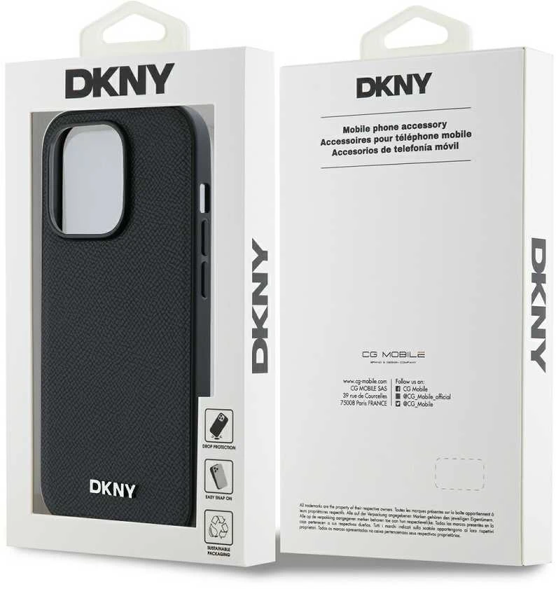 DKNY PU Leather Sidabrinis Metal Logo Magsafe dėklas telefonui Apple iPhone 14 Pro Max juodos spalvos