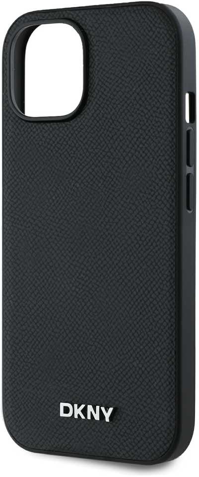 DKNY PU Leather Sidabrinis Metal Logo Magsafe dėklas telefonui Apple iPhone 15 juodos spalvos