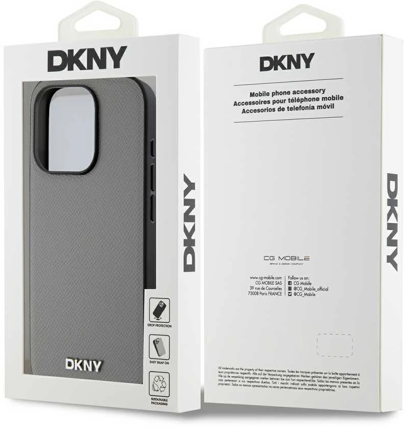 DKNY PU Leather Sidabrinis Metal Logo Magsafe dėklas telefonui Apple iPhone 15 Pro Max pilkos spalvos
