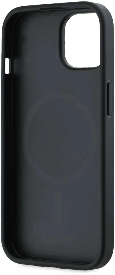 DKNY PU Leather Sidabrinis Metal Logo Magsafe dėklas telefonui Apple iPhone 14 juodos spalvos