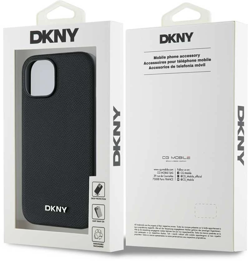 DKNY PU Leather Sidabrinis Metal Logo Magsafe dėklas telefonui Apple iPhone 14 juodos spalvos