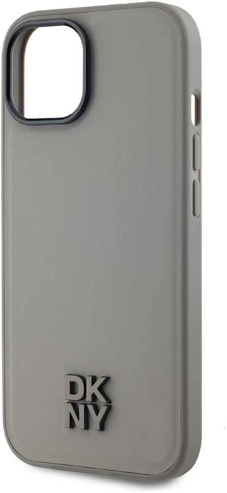DKNY PU Leather Stack Logo Magsafe dėklas telefonui Apple iPhone 15 pilkos spalvos