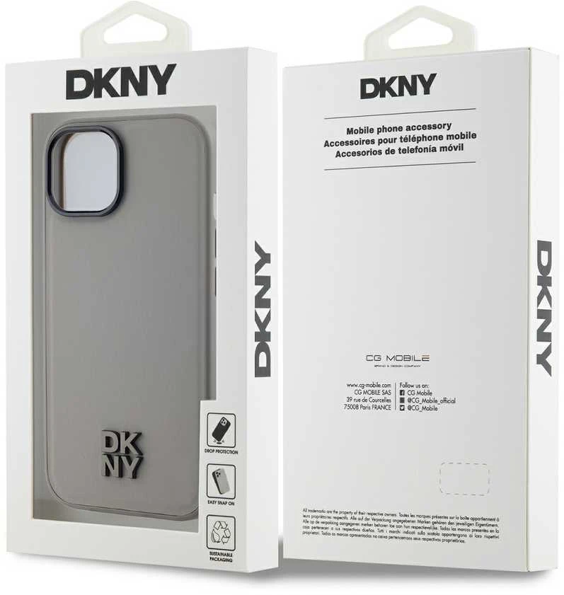 DKNY PU Leather Stack Logo Magsafe dėklas telefonui Apple iPhone 15 pilkos spalvos