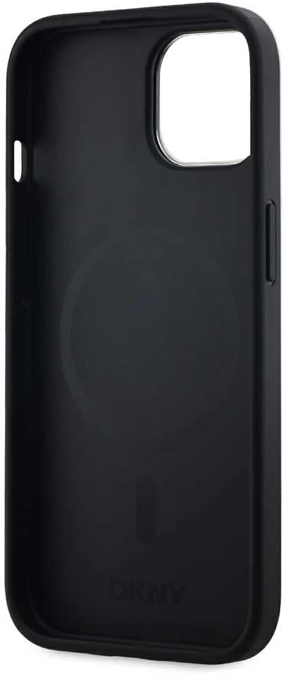 DKNY PU Leather Stack Logo Magsafe Dėklas, skirtas Apple iPhone 15 juodos spalvos