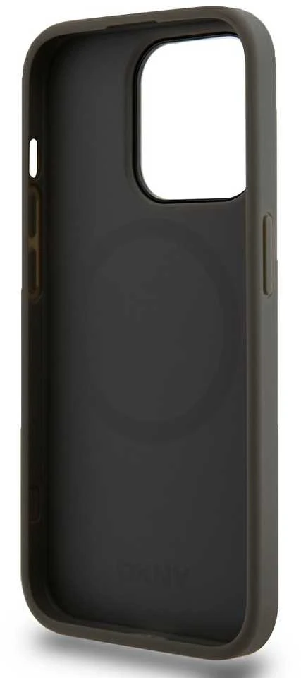 DKNY PU Leather Stack Logo Magsafe dėklas telefonui Apple iPhone 15 Pro Max pilkos spalvos