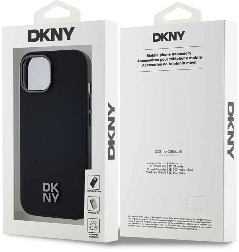 DKNY PU Leather Stack Logo Magsafe Dėklas, skirtas Apple iPhone 15 juodos spalvos