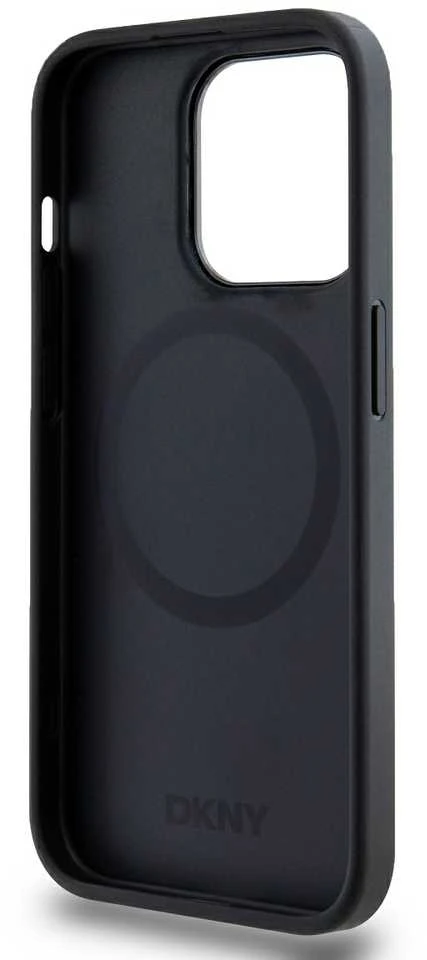 DKNY PU Leather Stack Logo Magsafe dėklas telefonui Apple iPhone 15 Pro juodos spalvos