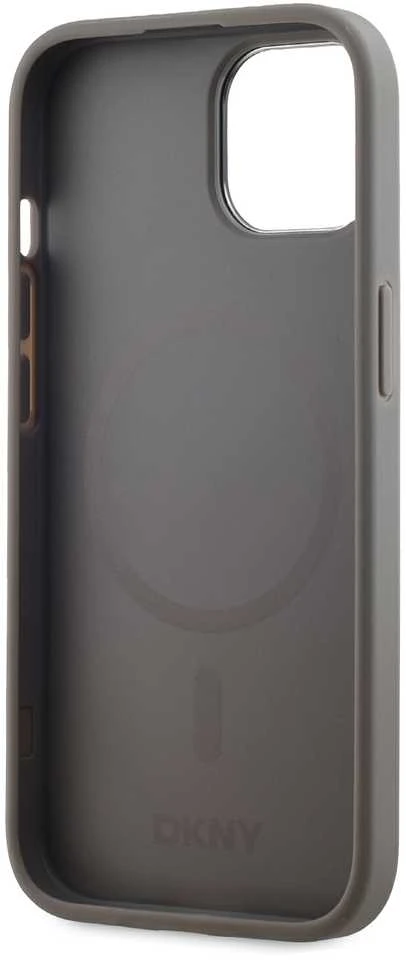 DKNY PU Leather Stack Logo Magsafe dėklas telefonui Apple iPhone 15 pilkos spalvos
