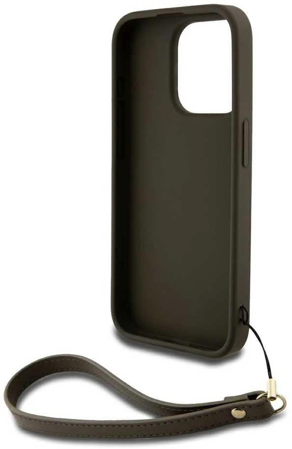 DKNY PU Leather Stack Logo Wrist Strap dėklas telefonui Apple iPhone 14 Pro rudos spalvos