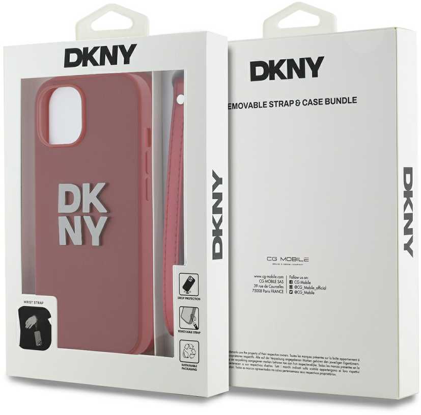 DKNY PU Leather Stack Logo Wrist Strap dėklas telefonui Apple iPhone 15 raudonos spalvos