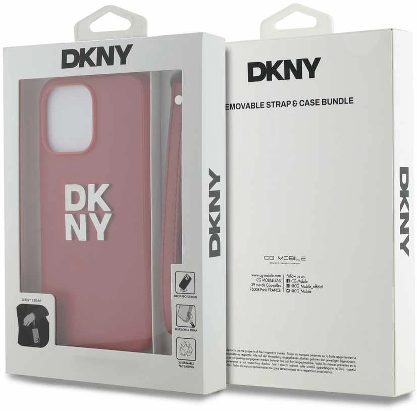 DKNY PU Leather Stack Logo Wrist Strap dėklas telefonui Apple iPhone 14 Pro raudonos spalvos