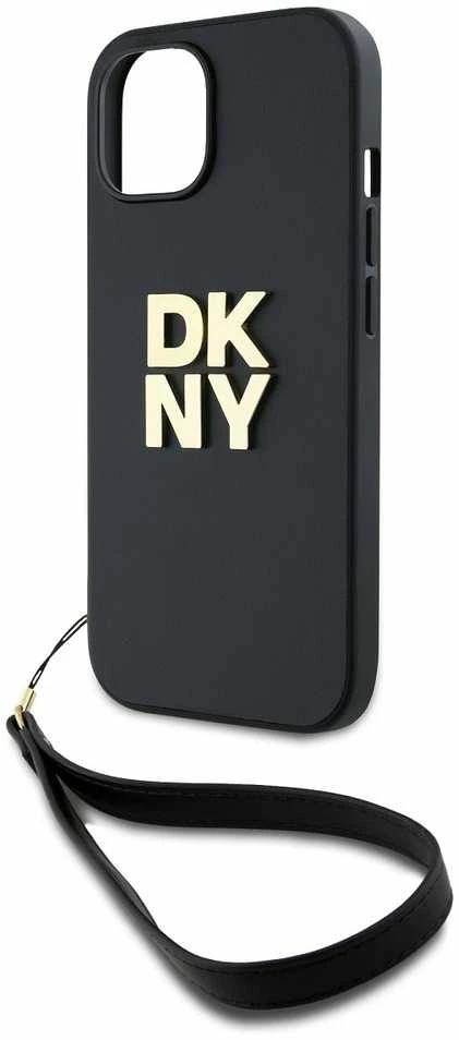 DKNY PU Leather Stack Logo Wrist Strap dėklas telefonui Apple iPhone 13 juodos spalvos