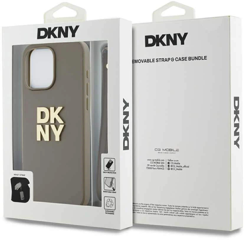 DKNY PU Leather Stack Logo Wrist Strap dėklas telefonui Apple iPhone 14 Pro Max rusvai gelsvas