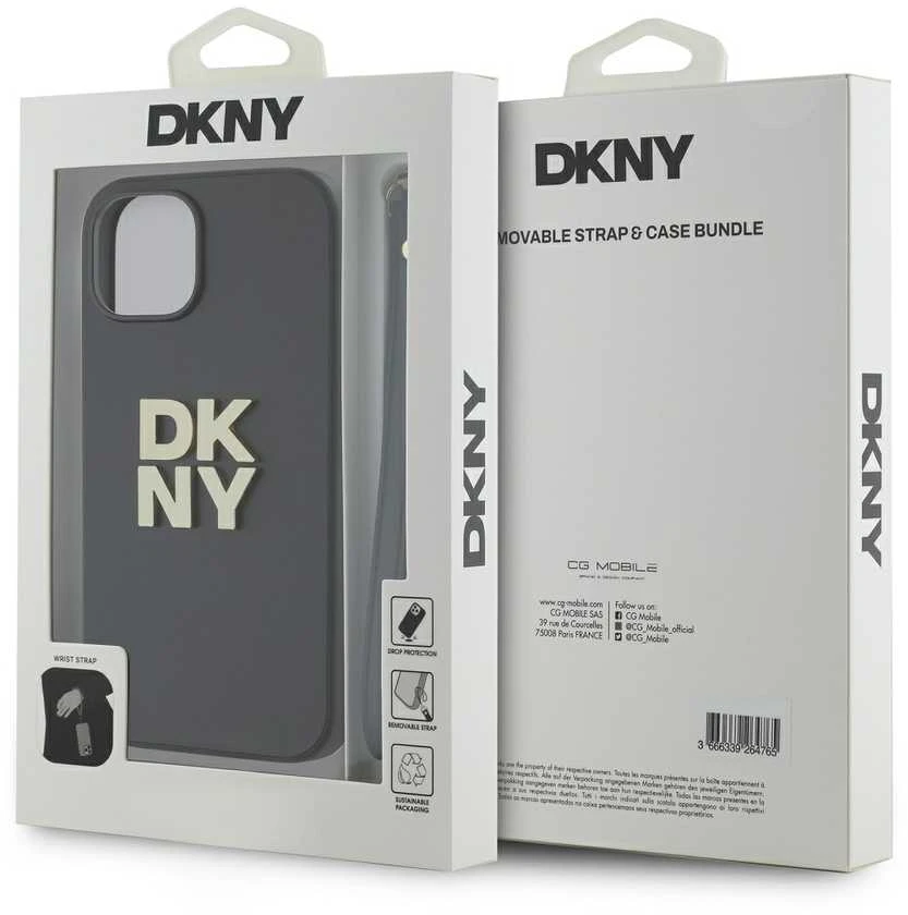 DKNY PU Leather Stack Logo Wrist Strap dėklas telefonui Apple iPhone 13 juodos spalvos