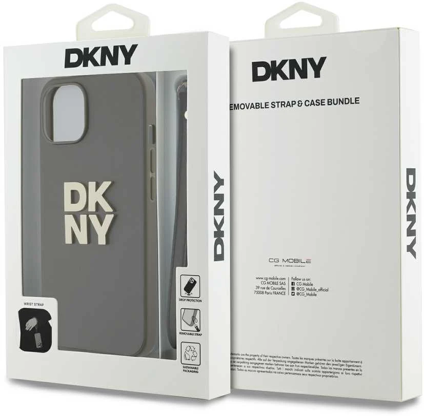 DKNY PU Leather Stack Logo Wrist Strap dėklas telefonui Apple iPhone 13 rudos spalvos
