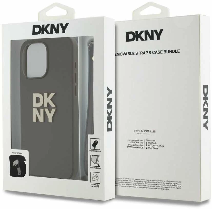 DKNY PU Leather Stack Logo Wrist Strap dėklas telefonui Apple iPhone 15 Pro Max rudos spalvos