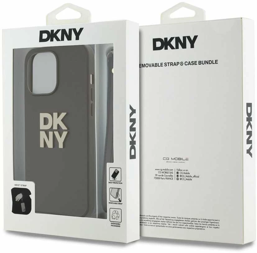 DKNY PU Leather Stack Logo Wrist Strap dėklas telefonui Apple iPhone 14 Pro rudos spalvos