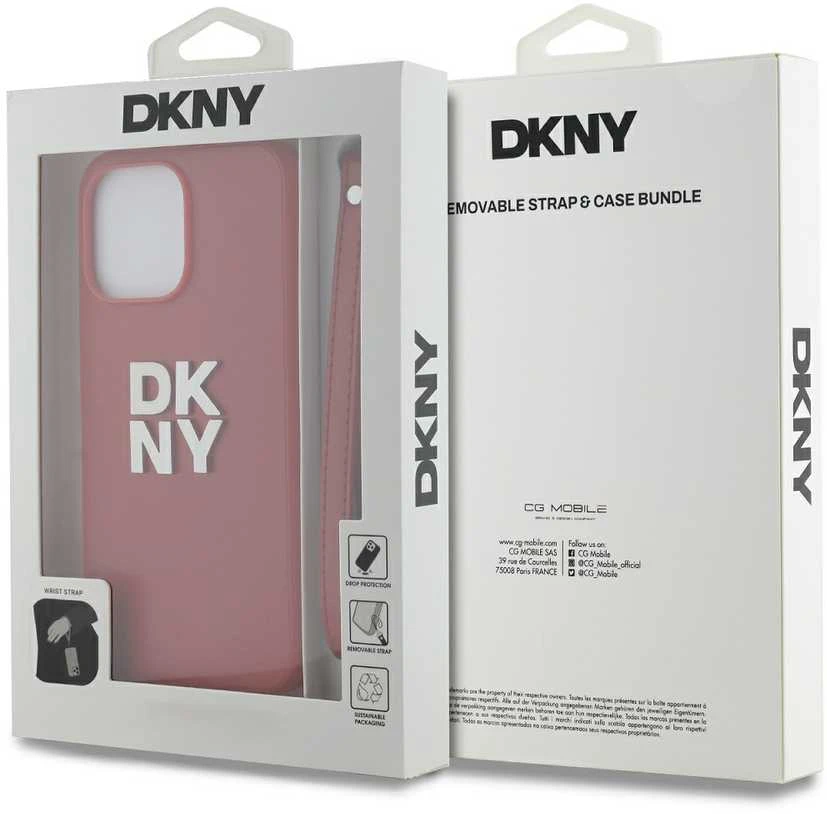 DKNY PU Leather Stack Logo Wrist Strap dėklas telefonui Apple iPhone 15 Pro raudonos spalvos