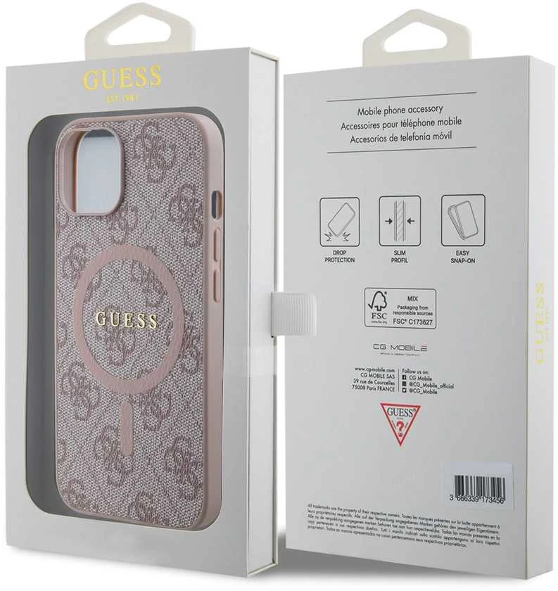 Guess GUHMP14SG4GFRP iPhone 14 / 15 / 13 6.1" rožinė/rožinė kietas dėklas 4G kolekcijai odinis metalinis MagSafe logotipas | GUESS