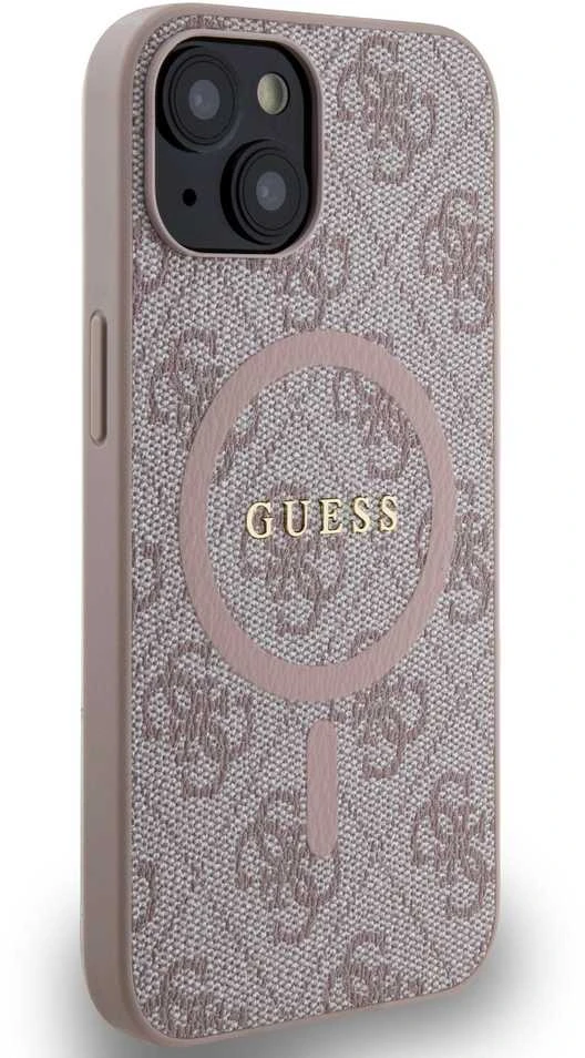 Guess GUHMP14SG4GFRP iPhone 14 / 15 / 13 6.1" rožinė/rožinė kietas dėklas 4G kolekcijai odinis metalinis MagSafe logotipas | GUESS