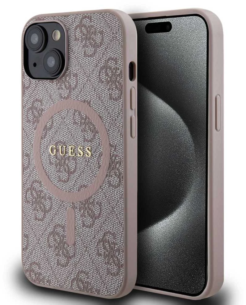 Guess GUHMP14SG4GFRP iPhone 14 / 15 / 13 6.1" rožinė/rožinė kietas dėklas 4G kolekcijai odinis metalinis MagSafe logotipas | GUESS