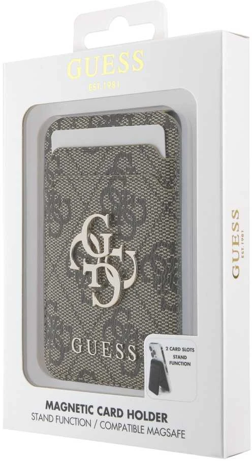 Dėklas „Guess 4G Metal Logo MagSafe Cardslot“ stovas su raudonomis spalvomis