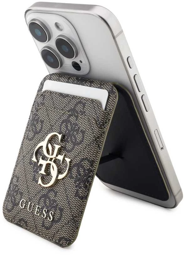 Dėklas „Guess 4G Metal Logo MagSafe Cardslot“ stovas su raudonomis spalvomis