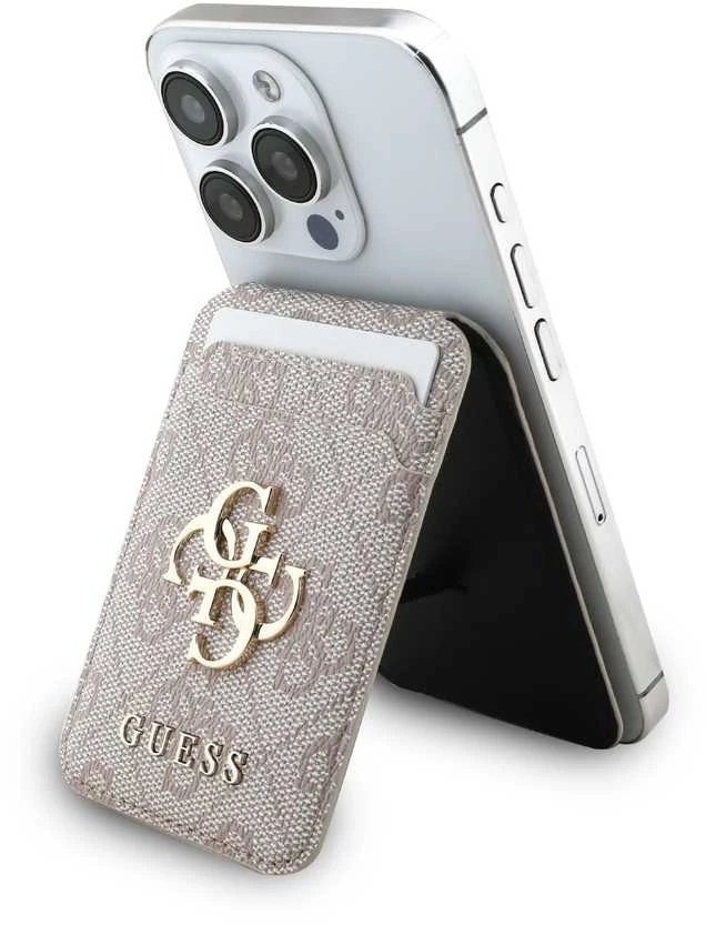 Dėklas Guess 4G Metal Logo MagSafe Cardslot Stand rožinės spalvos