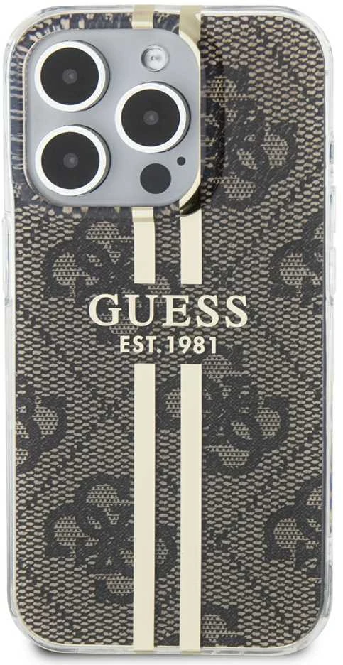 Dėklas GUESS GUHCP15LH4SGW IPHONE 15 PRO 6.1 "BROWN/BROWN HARDCASE IML 4G GOLD STRIPE