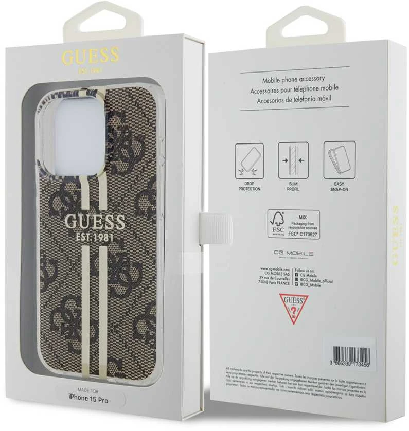 Dėklas GUESS GUHCP15LH4SGW IPHONE 15 PRO 6.1 "BROWN/BROWN HARDCASE IML 4G GOLD STRIPE