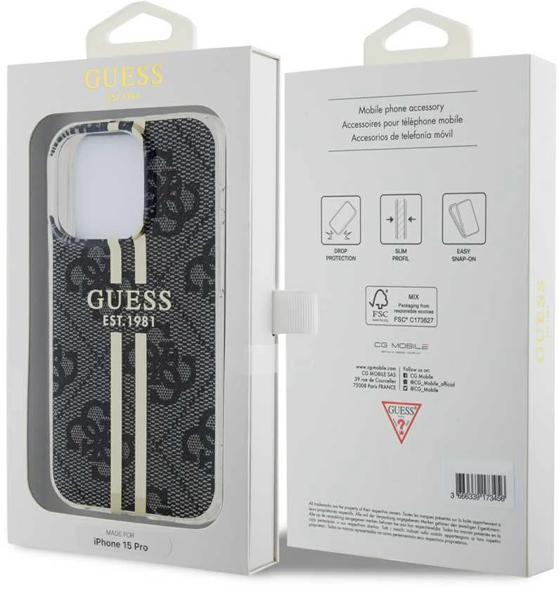 Dėklas GUESS GUHCP15LH4SGK IPHONE 15 PRO 6.1 "Juodas/Juodas HARDCASE IML 4G GOLD STRIPE