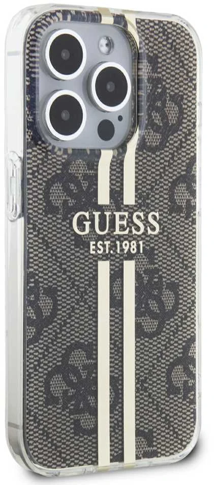 Dėklas GUESS GUHCP15LH4SGW IPHONE 15 PRO 6.1 "BROWN/BROWN HARDCASE IML 4G GOLD STRIPE