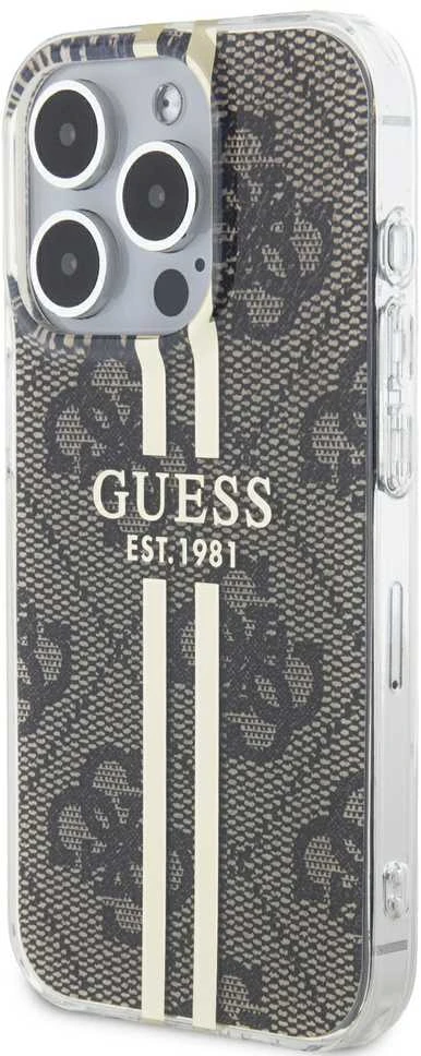 Dėklas GUESS GUHCP15LH4SGW IPHONE 15 PRO 6.1 "BROWN/BROWN HARDCASE IML 4G GOLD STRIPE