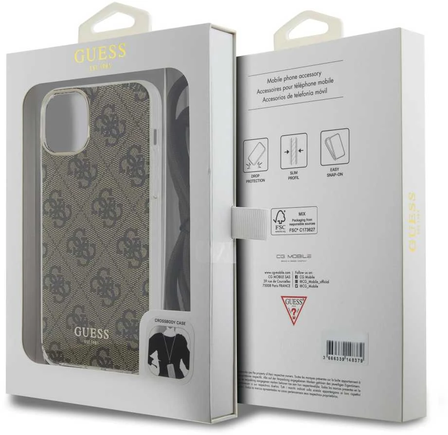 Guess GUHCP15SHC4SEW Apple iPhone 15 / 14 / 13 6.1″ rudos spalvos kietas dėklas Crossbody Cord 4G Print