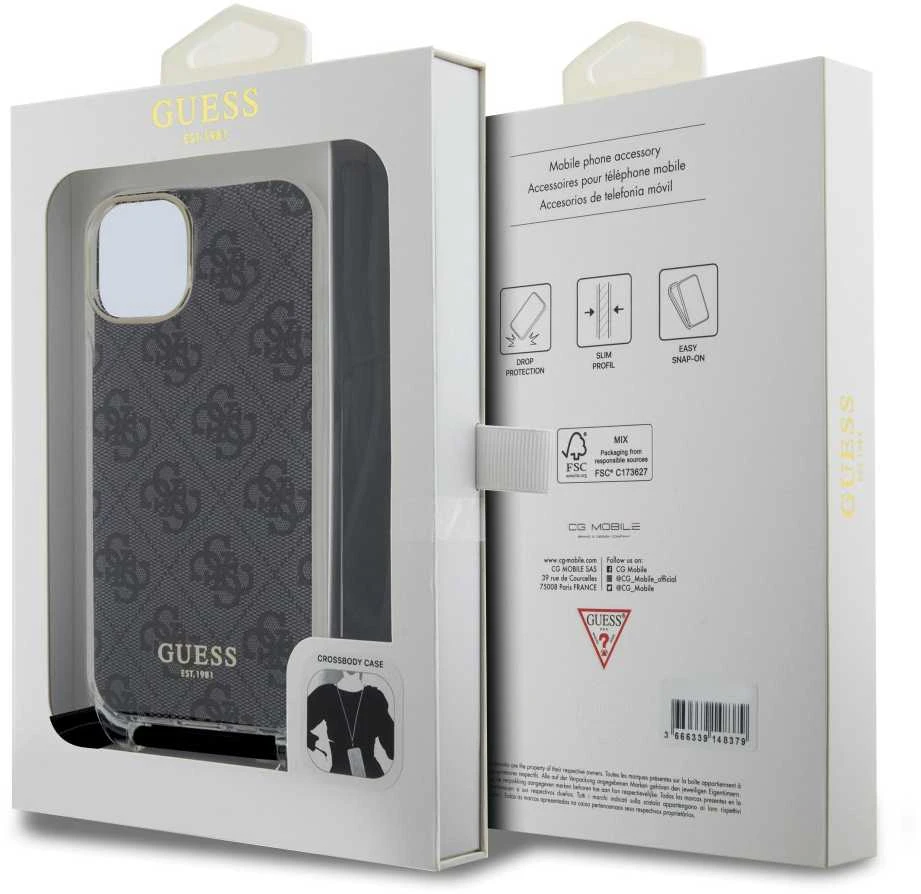Dėklas GUESS GUHCP15SHC4SEK IPHONE 15/14/13 6.1 "Juodas / Juodas HARDCASE CROSSBODY CORD 4G PRINT