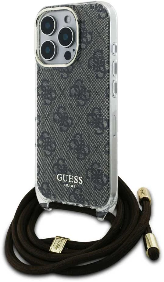 Guess GUHCP16LHC4SEW Apple iPhone 16 Pro 6.3" dėklas telefonui rudos spalvos Crossbody Cord 4G Print